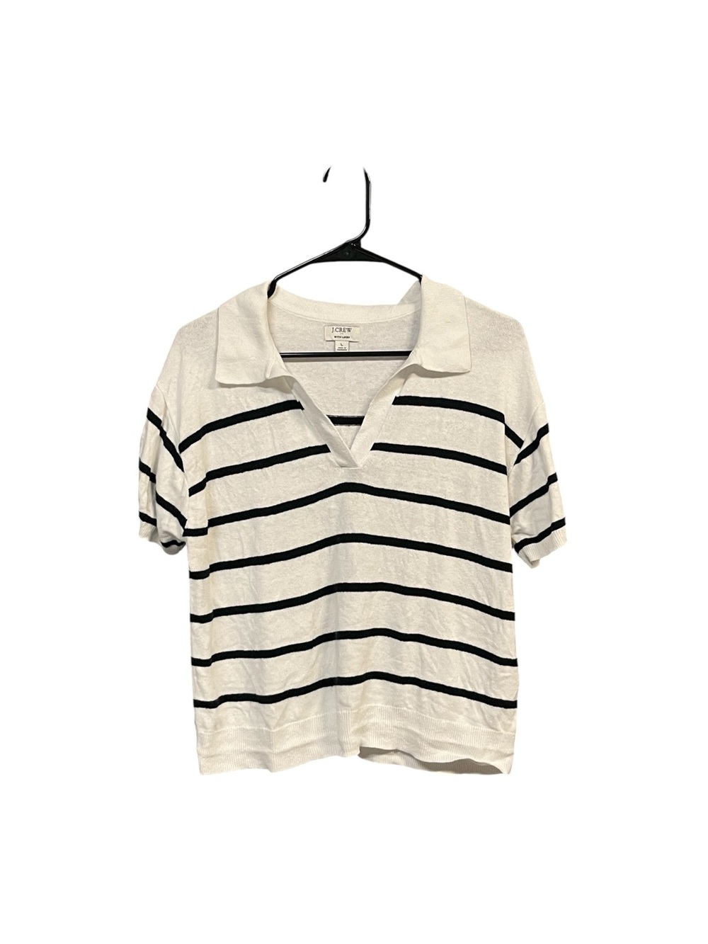 J.Crew Linen Blend Striped Polo Sweater Women’s L White Black Coastal Preppy